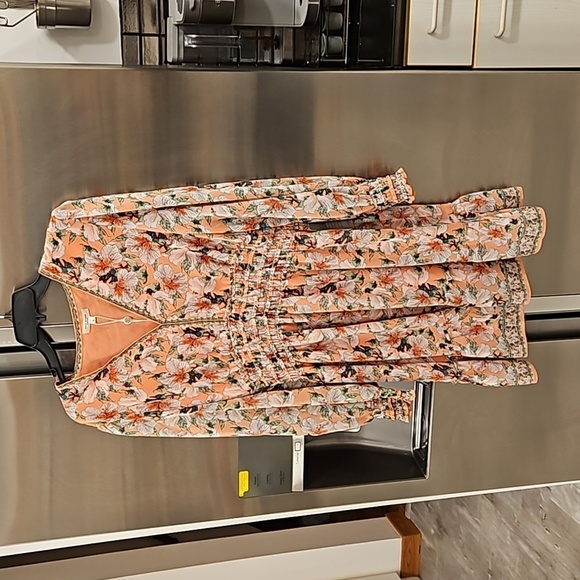 MAX STUDIO Geometric Floral Print Smocked Waist Dress Coral Green Hibiscus L NWT - Picture 1 of 12